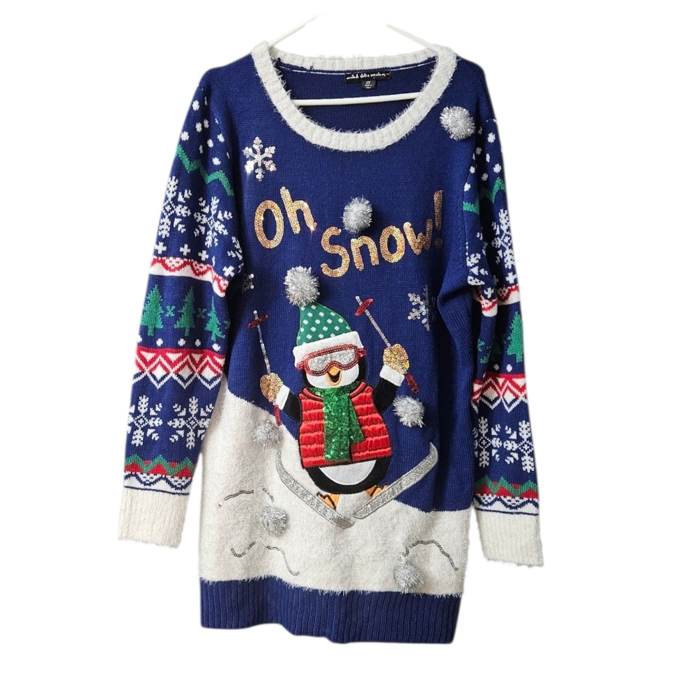 United States Sweaters Women's Christmas Sweater Ski Penguin Size 1X Blue Sequin